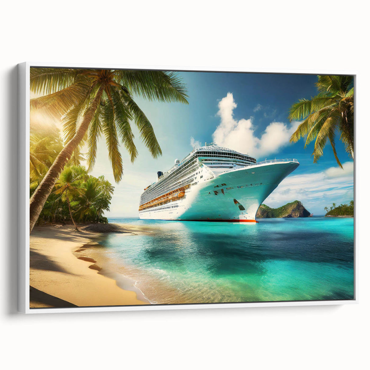 Extra large framed canvas of a vintage poster featuring a side view of a colorful ship, ideal for living room decor.