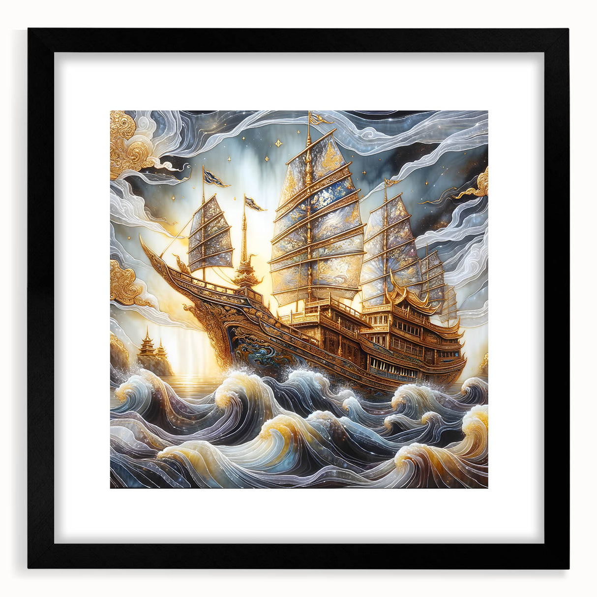 Extra large abstract art print of a colorful, textured ship on a framed black mat, ideal for living room decor.