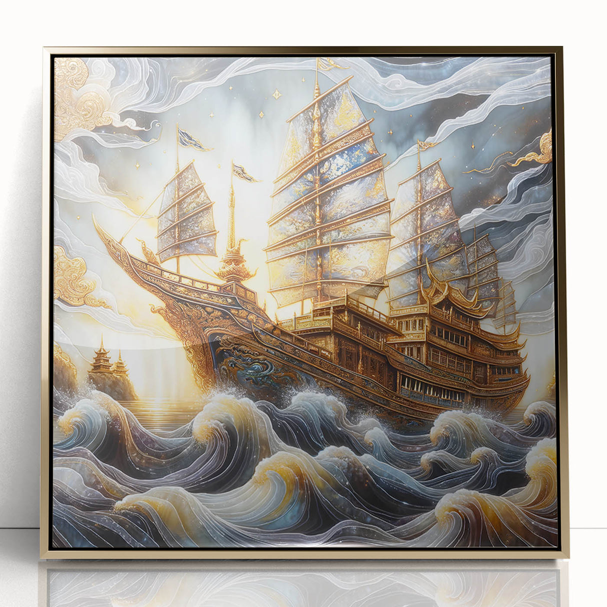 Framed acrylic print of a mid-century modernist ship, rendered in muted blues and grays, ideal for modern art wall decor.