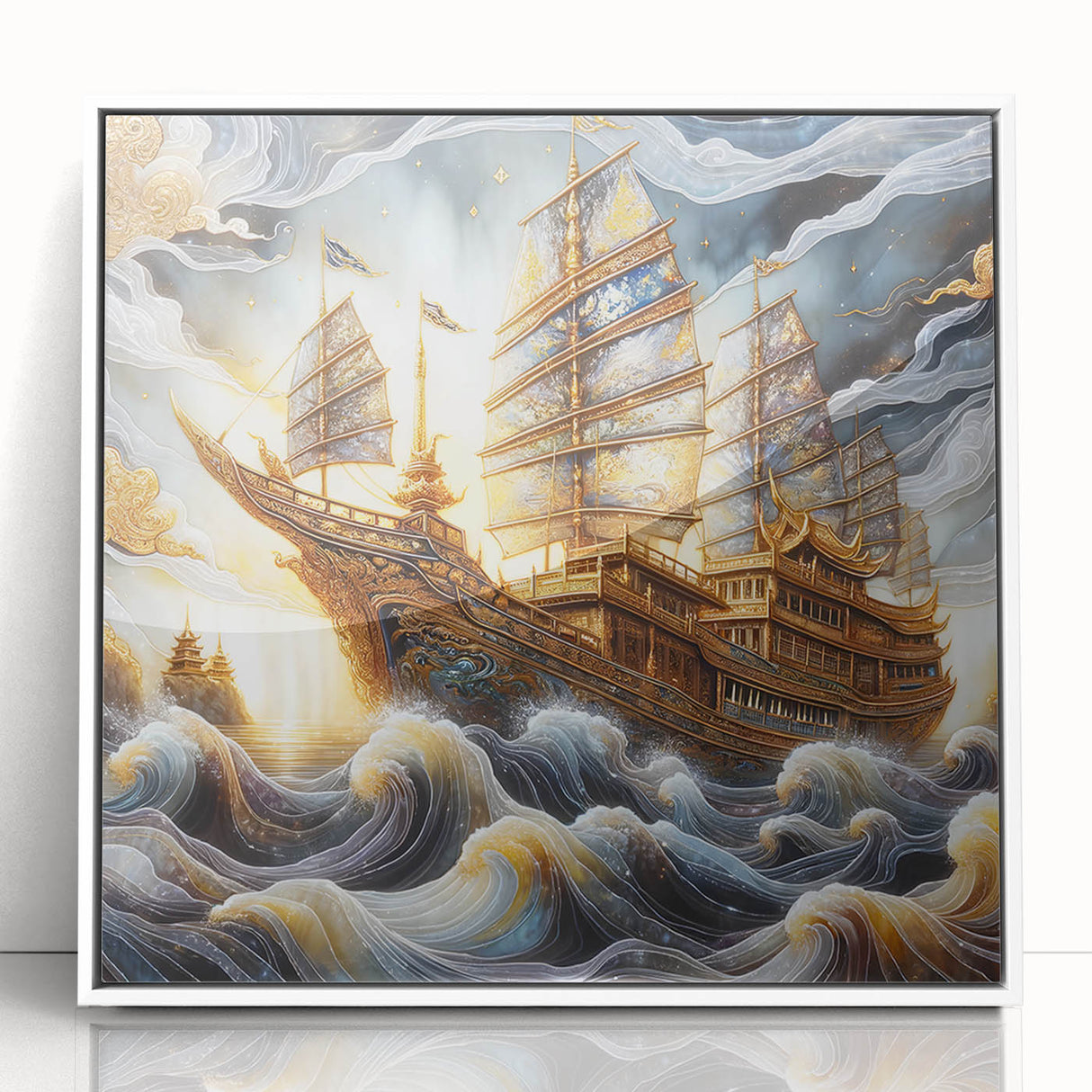 Art deco poster of a ship in motion on a framed acrylic, with a palette of gray and blue, ideal for modern nursery wall art.