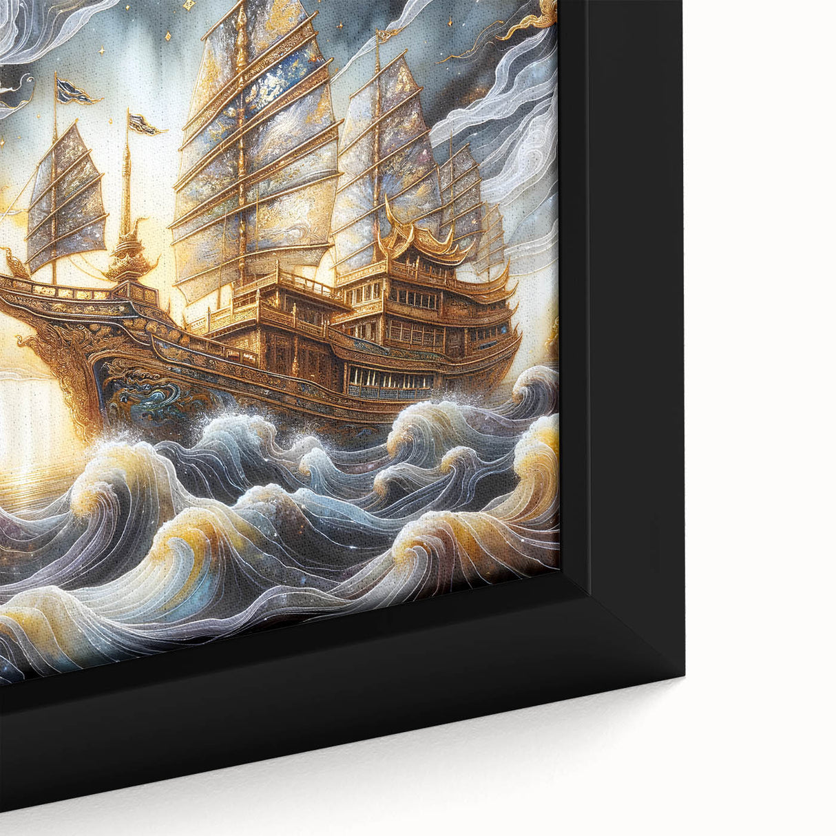 Extra large framed canvas featuring a black ship on a textured, colorful abstract background, ideal for living room decor.
