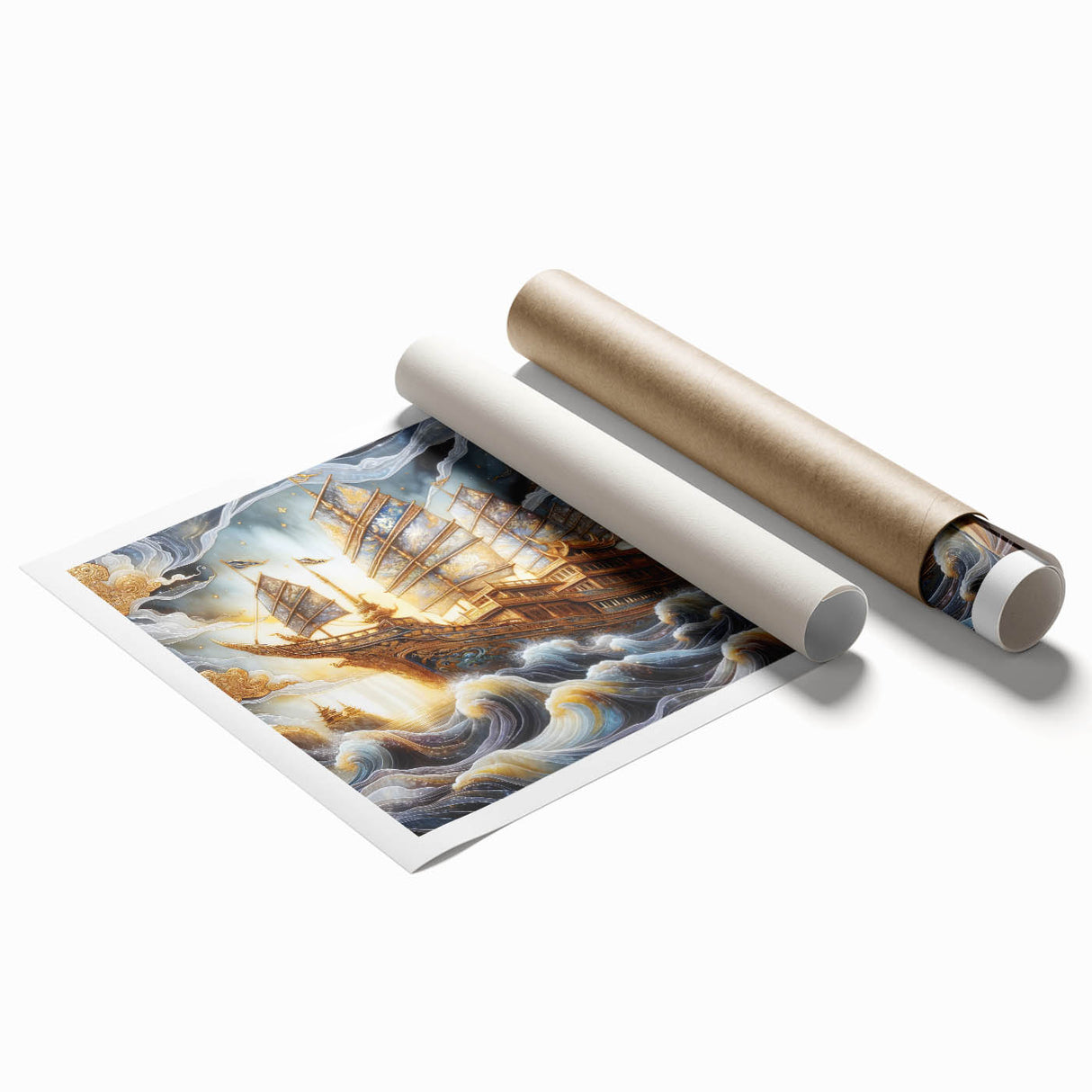 Extra large wall art featuring a ship in muted blue and gray tones on rolled canvas, suitable for classy bathroom decor.