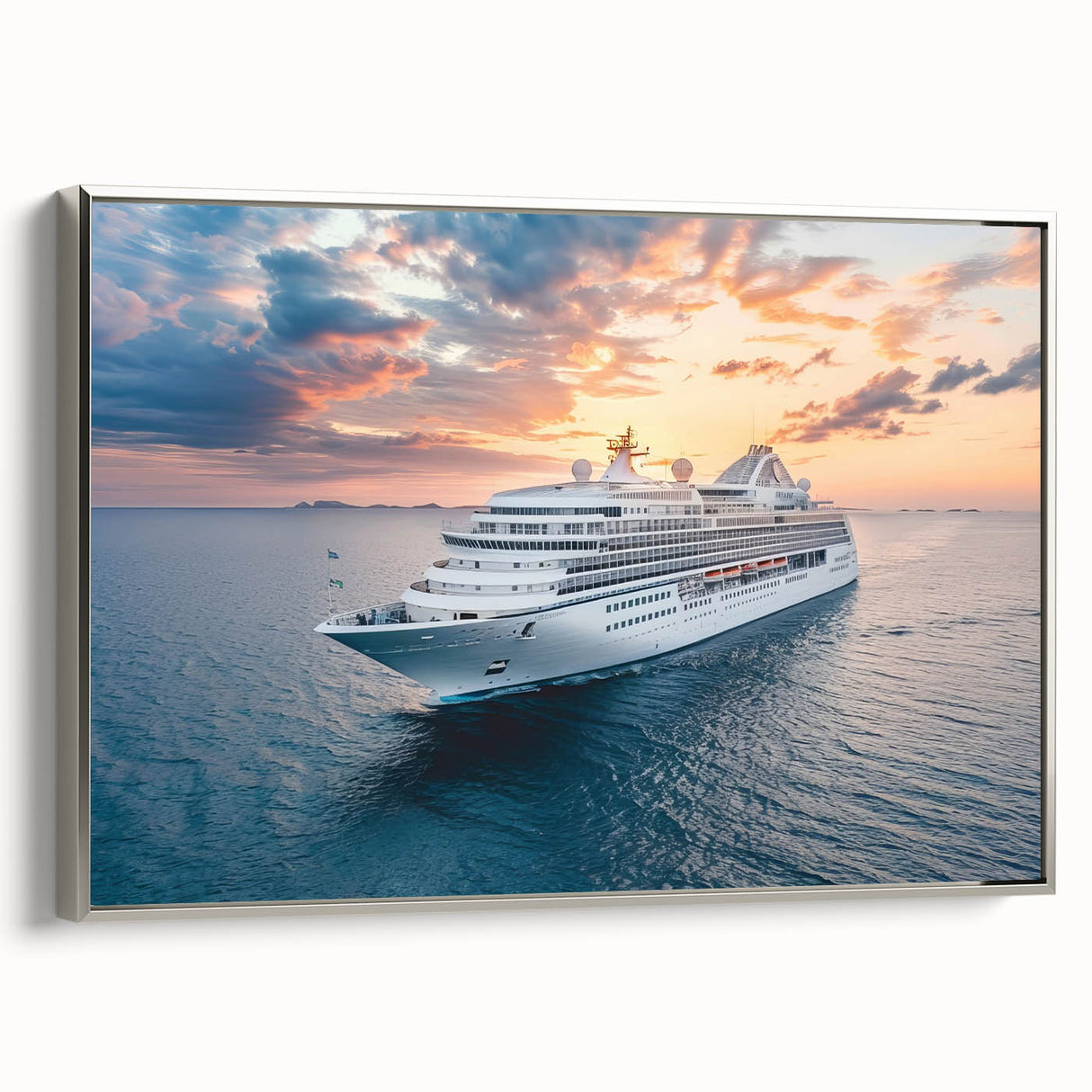 Framed canvas featuring a vintage poster of a ship in black with colorful accents, ideal for office or study wall decor.