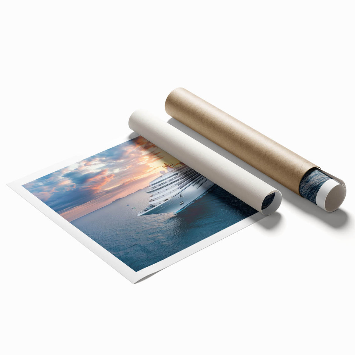 Extra large rolled print of a ship at sea in muted blue and gray tones, ideal for classy bathroom wall art.