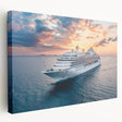Large art print of a ship on a vibrant blue ocean, rendered in a realistic style on stretched canvas.