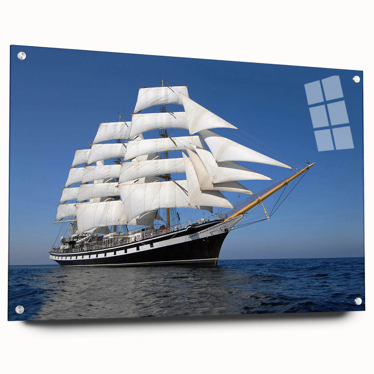 Acrylic print of a large abstract depiction of a ship, in cool blue and gray tones, suitable for dining room decor.