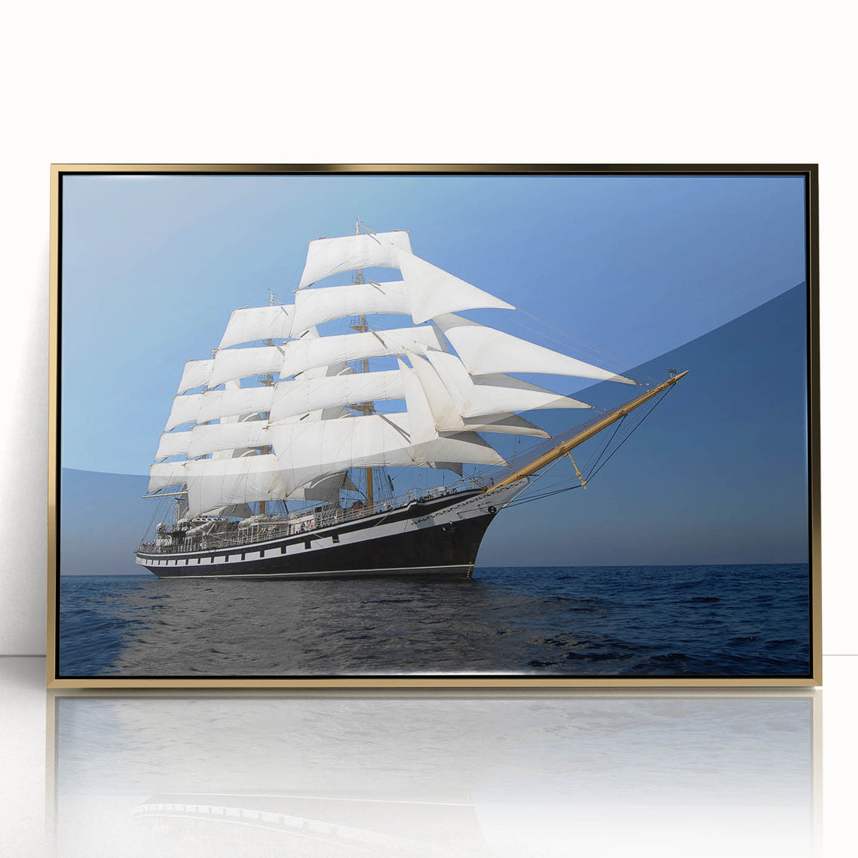 Mid-century modernist style large art print of a ship, in muted blue and gold tones, acrylic framed.