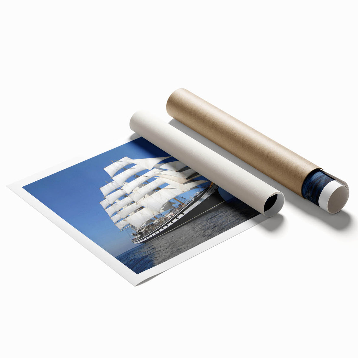 Extra large wall art featuring a detailed ship illustration in muted blue and white tones on a rolled print.