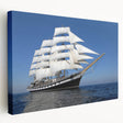 Large art print of a vintage ship on stretched canvas with muted blue and white tones, ideal for kitchen wall art.