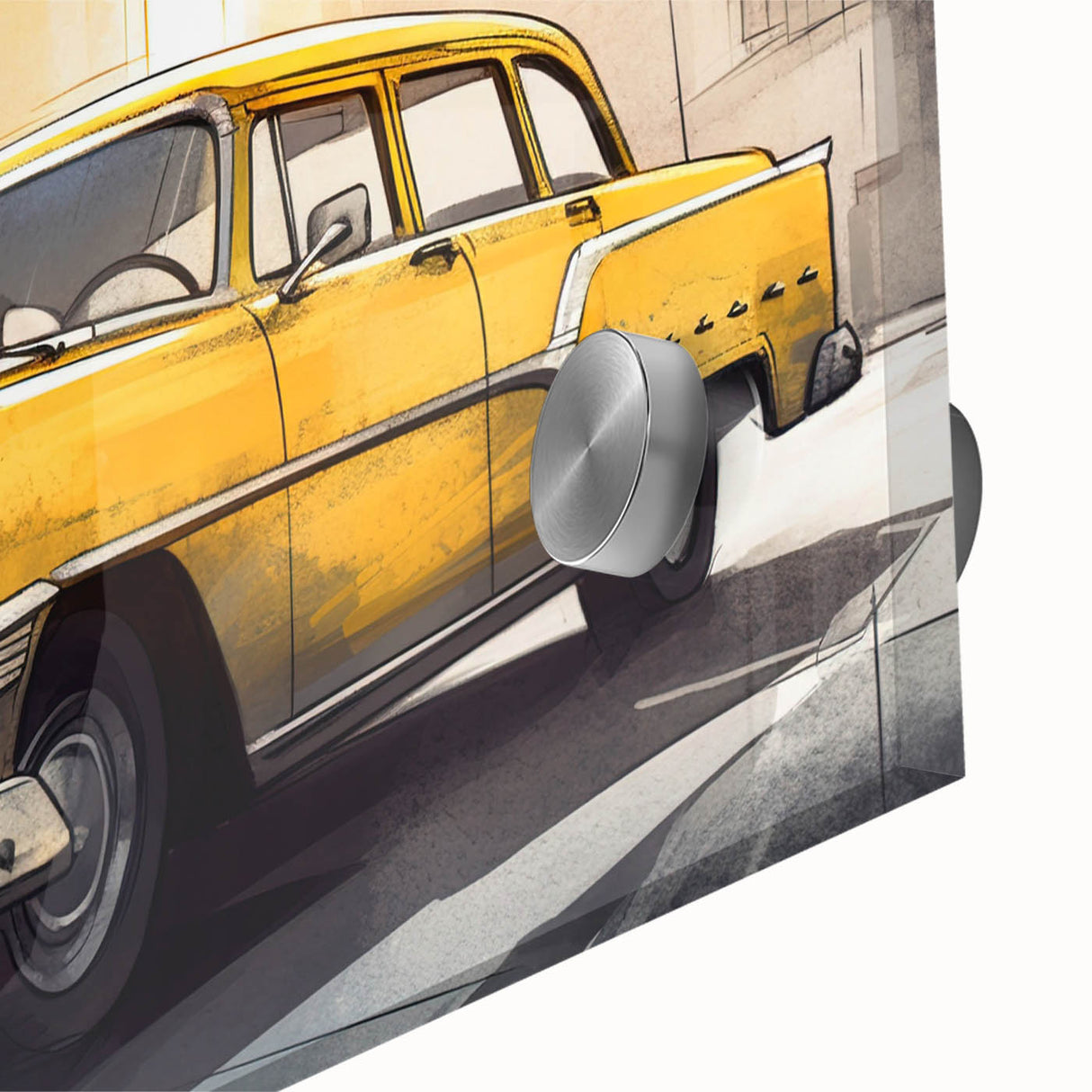 Mid-century modernist acrylic print featuring abstract vehicles in muted earth tones, ideal for dining room art.