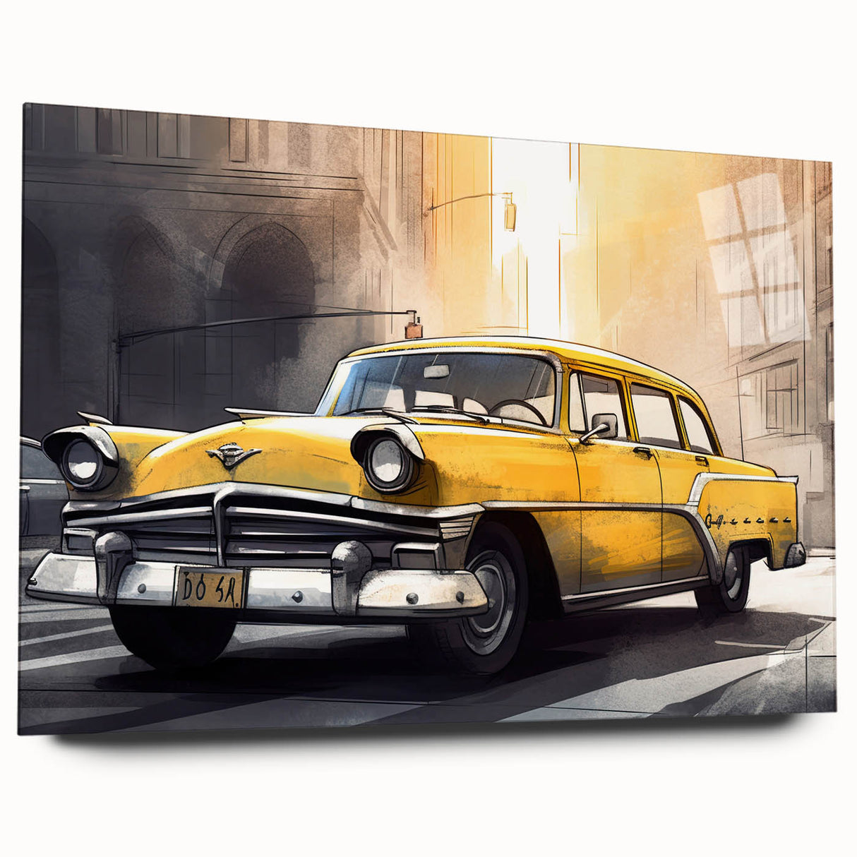 Acrylic print of a large abstract car and taxi design in monochrome shades, ideal for bedroom or dining room art.