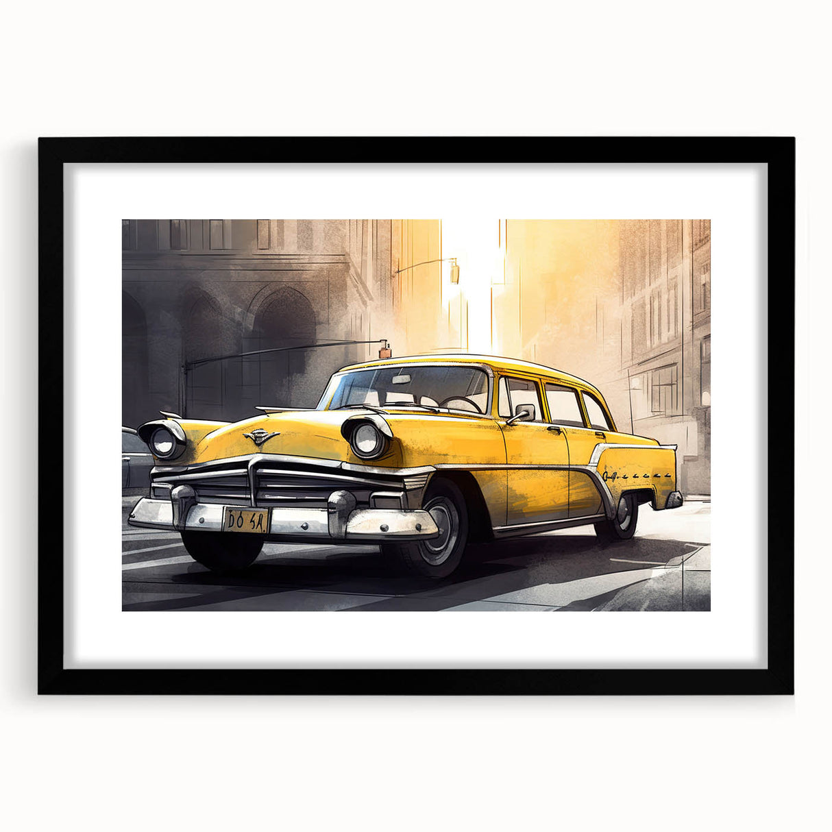 Abstract art print of colorful, textured vehicles on a large canvas, framed in black, ideal for living room decor.