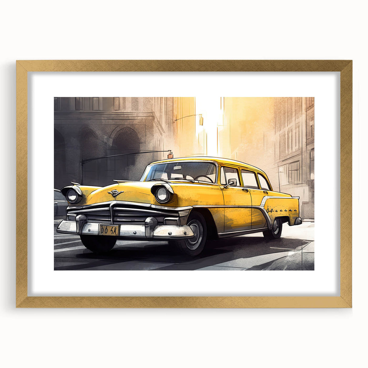 Extra large abstract art print featuring textured taxi and car motifs in gold frame, ideal for living room decor.