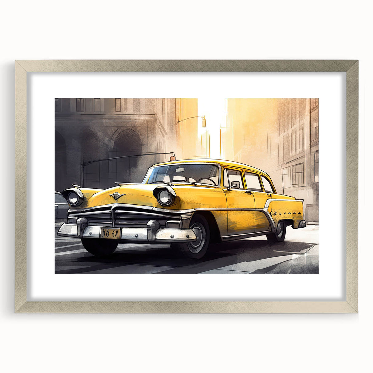 Abstract textured art print of a stylized taxi in silver frame, featuring a blend of gray and yellow tones.