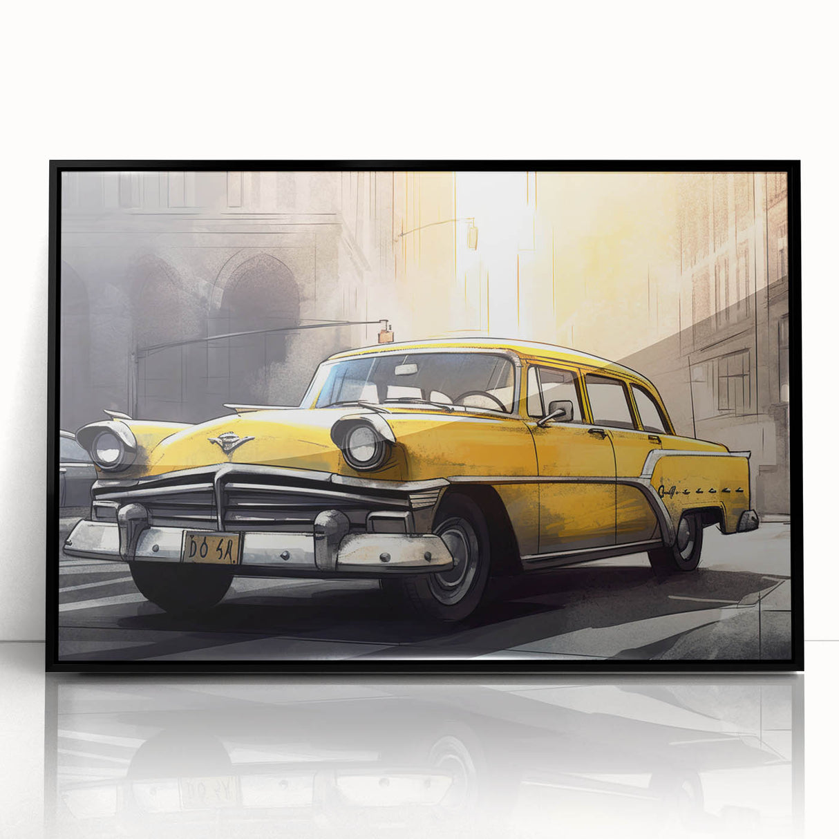 Large abstract wall art featuring a black and yellow taxi in mid-century modernist style on a framed acrylic print.