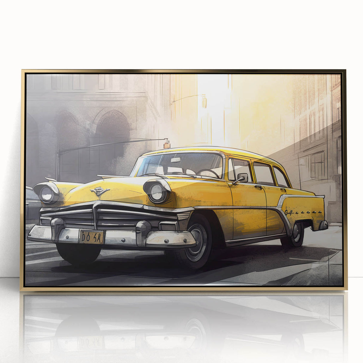 Mid-century modernist art featuring a stylized vintage car in muted gold and black tones on a framed acrylic print.
