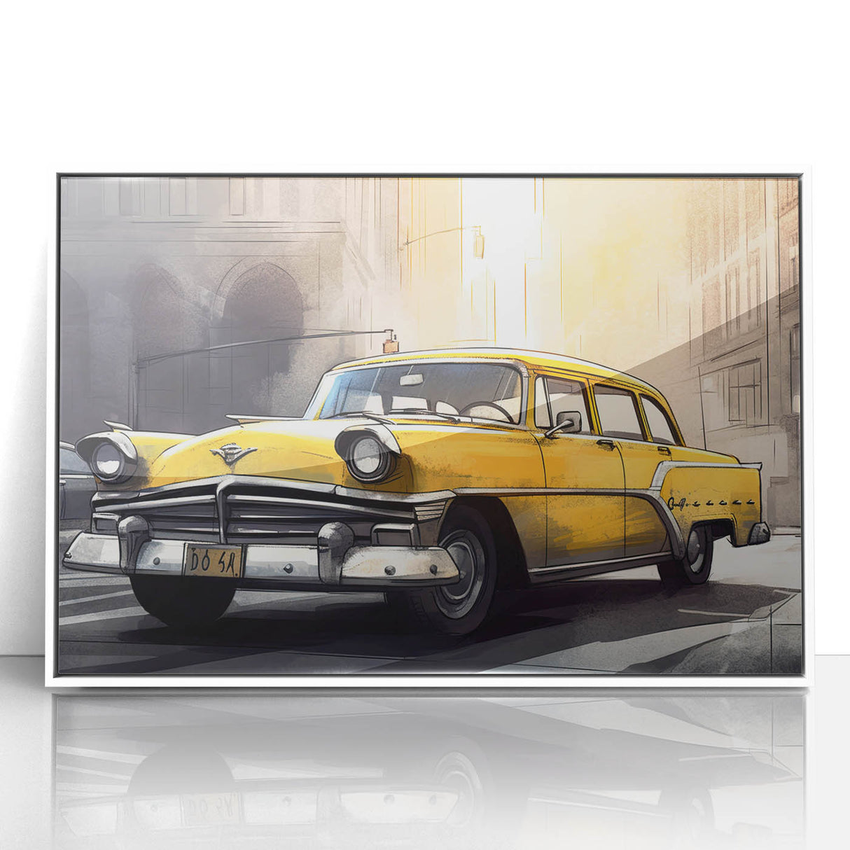 Art deco poster featuring a classic taxi in vibrant yellow and black on a white acrylic frame, ideal for nursery wall art.