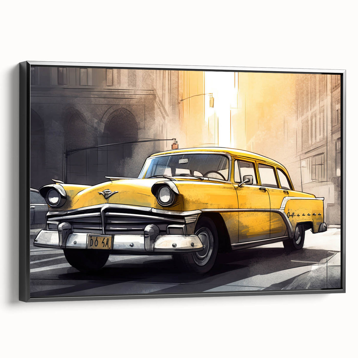 Black and white vintage poster art of a classic car on a framed canvas, suitable for bedroom wall decor.