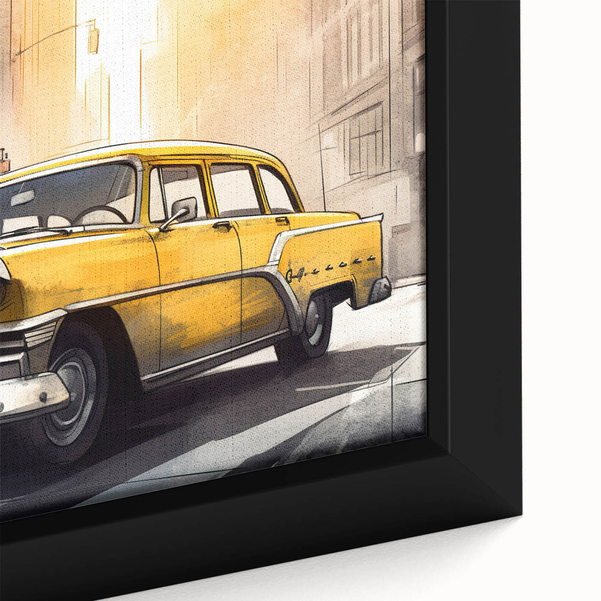 Extra large black wall art featuring a textured, colorful taxi design on a framed canvas, suitable for a living room.