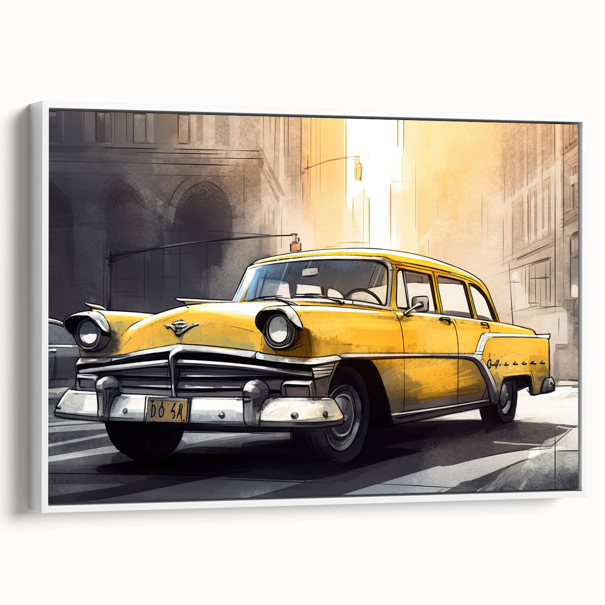 Vintage poster art of a classic car in black and colorful tones on a framed canvas.
