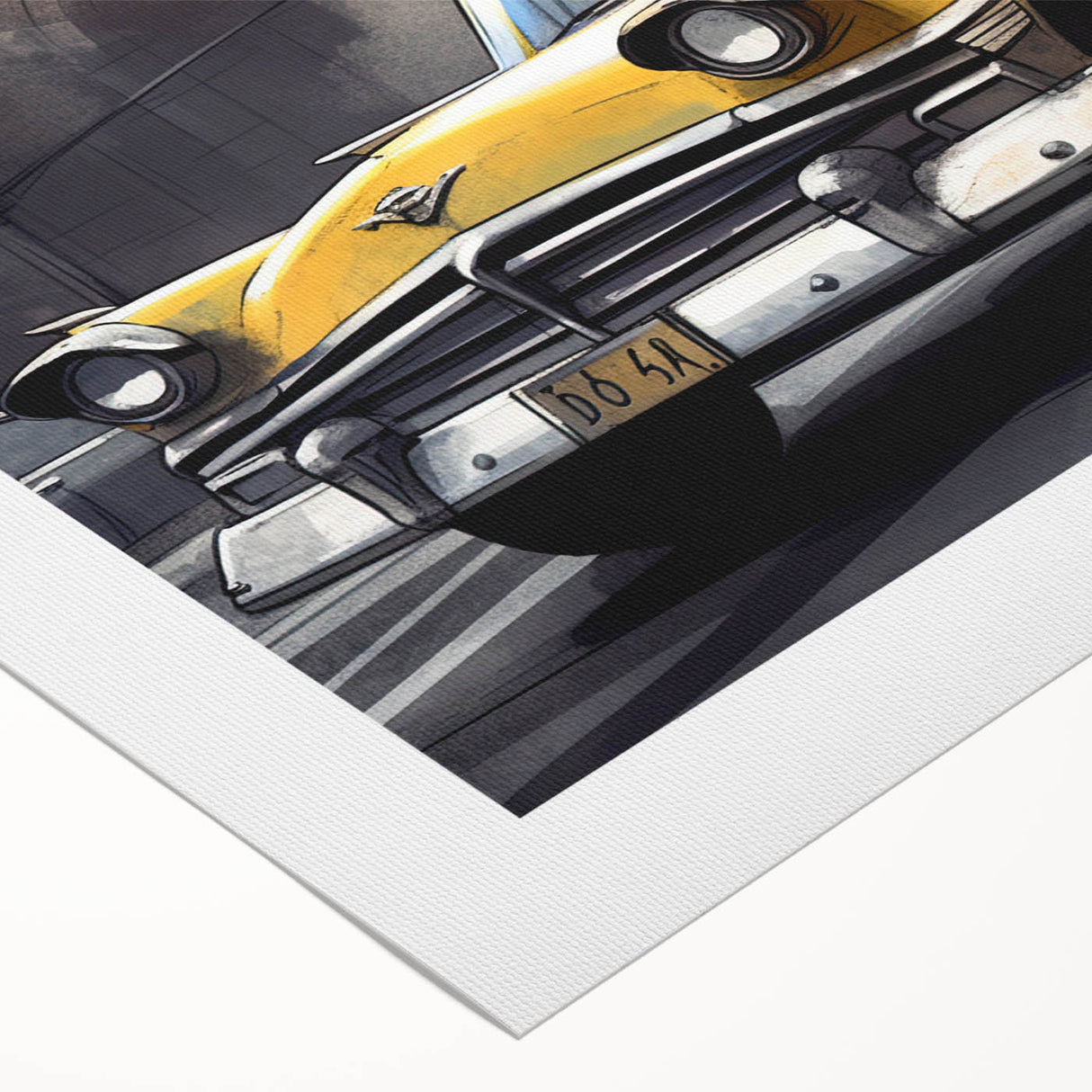Art deco poster featuring a classic taxi in vibrant yellow and black on rolled canvas, suitable for dining room decor.