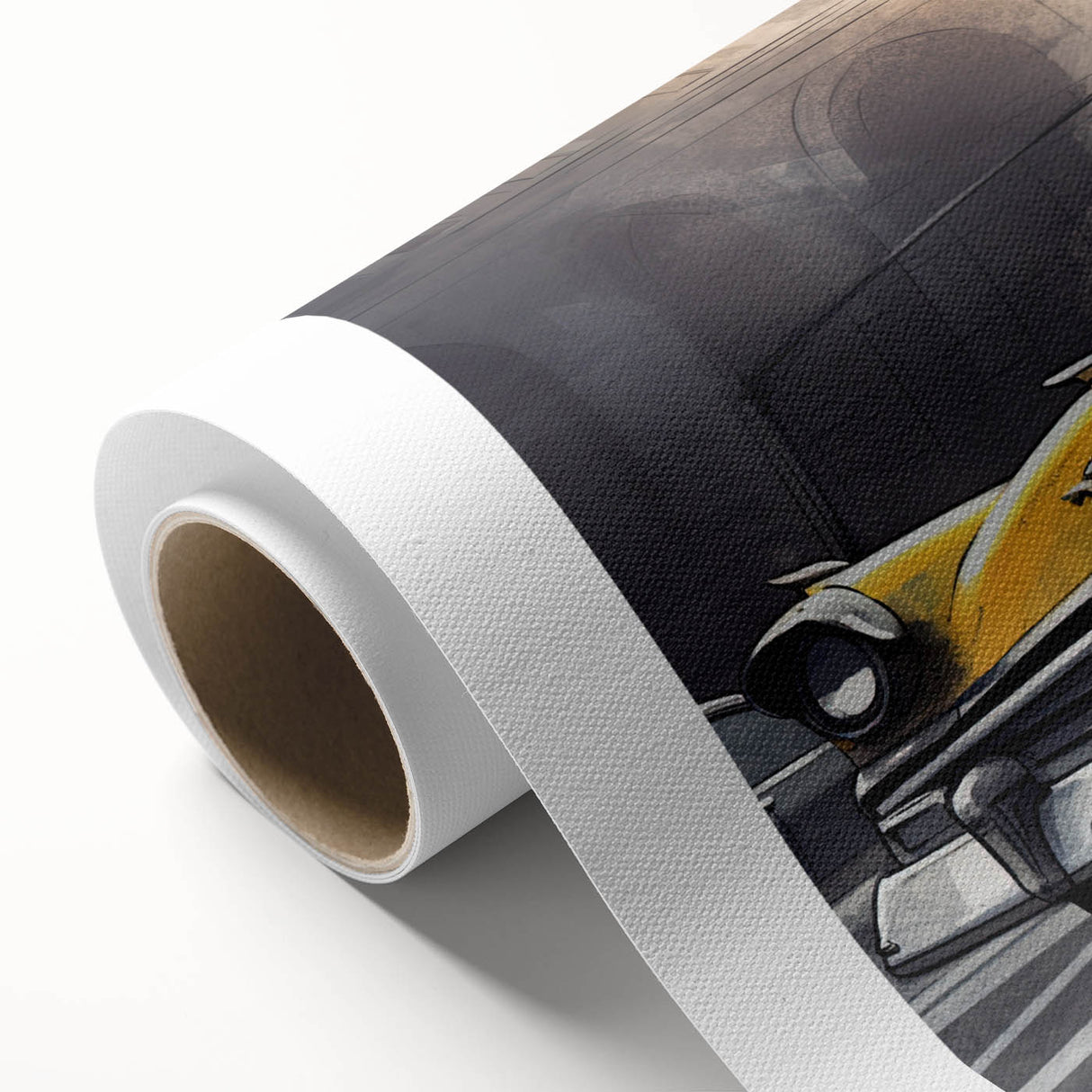 Art deco style poster of classic cars in muted colors on rolled canvas, ideal for nursery wall art.