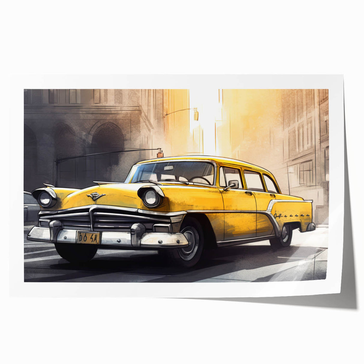 Rolled print of a vintage taxi in muted yellow and black tones, ideal for art wall dining room.
