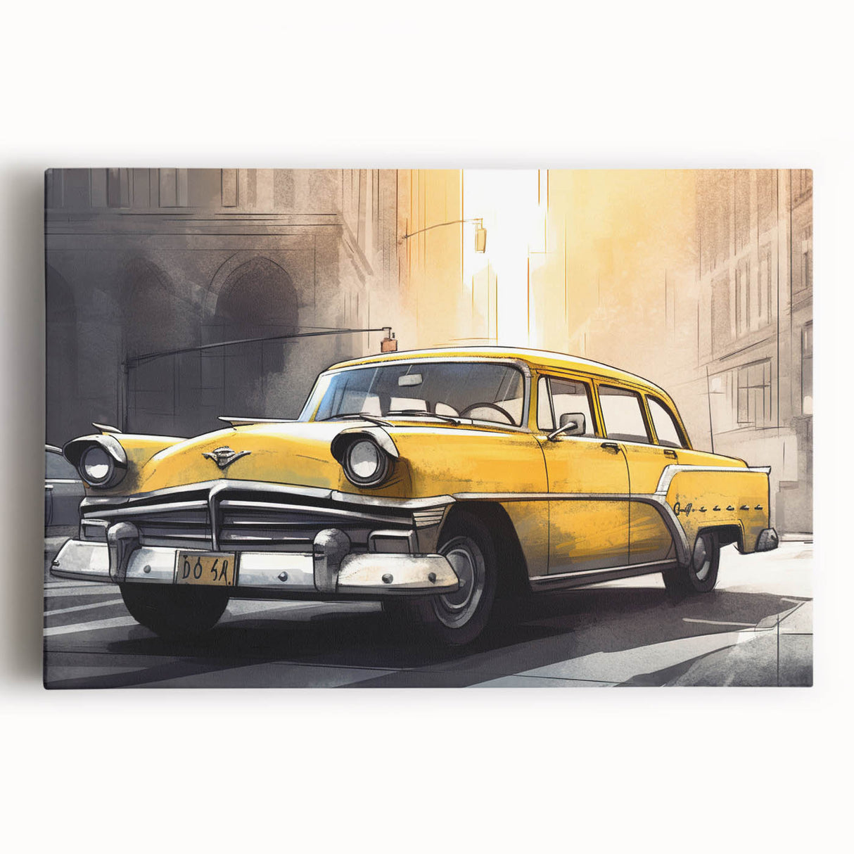 Black and white stretched canvas featuring a vintage taxi, ideal for kitchen wall art.