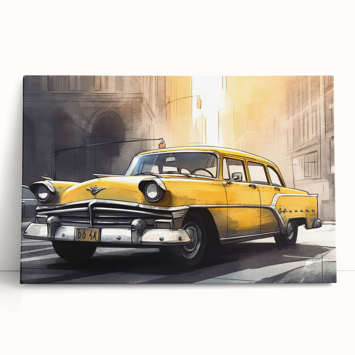 Black and white stretched canvas featuring a vintage taxi design, ideal for kitchen wall art or bedroom ambiance.