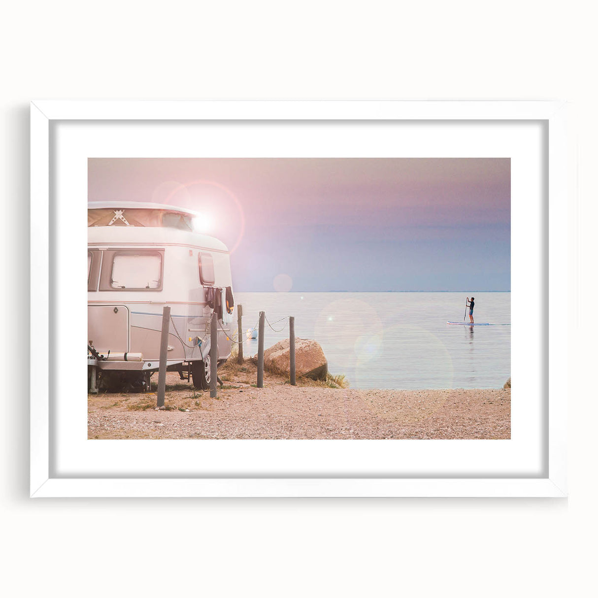 Extra large abstract art print of a caravan in textured shades of gray and blue, framed with a white mat.
