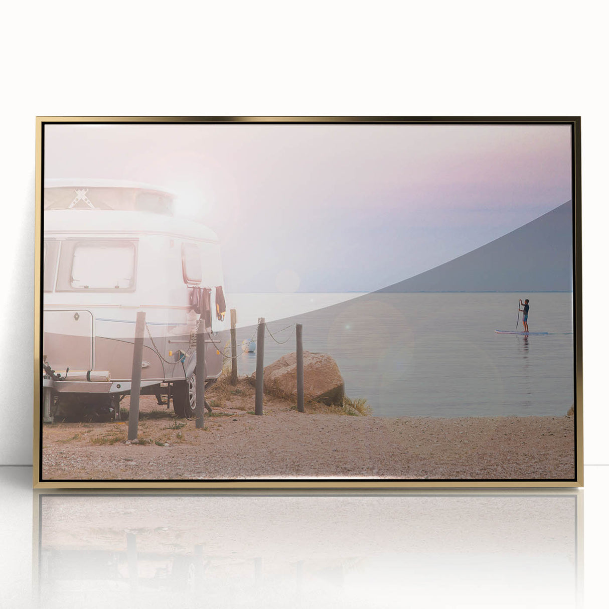 Mid-century modernist art depicting a caravan in muted earth tones on a framed acrylic, ideal for nursery wall decor.