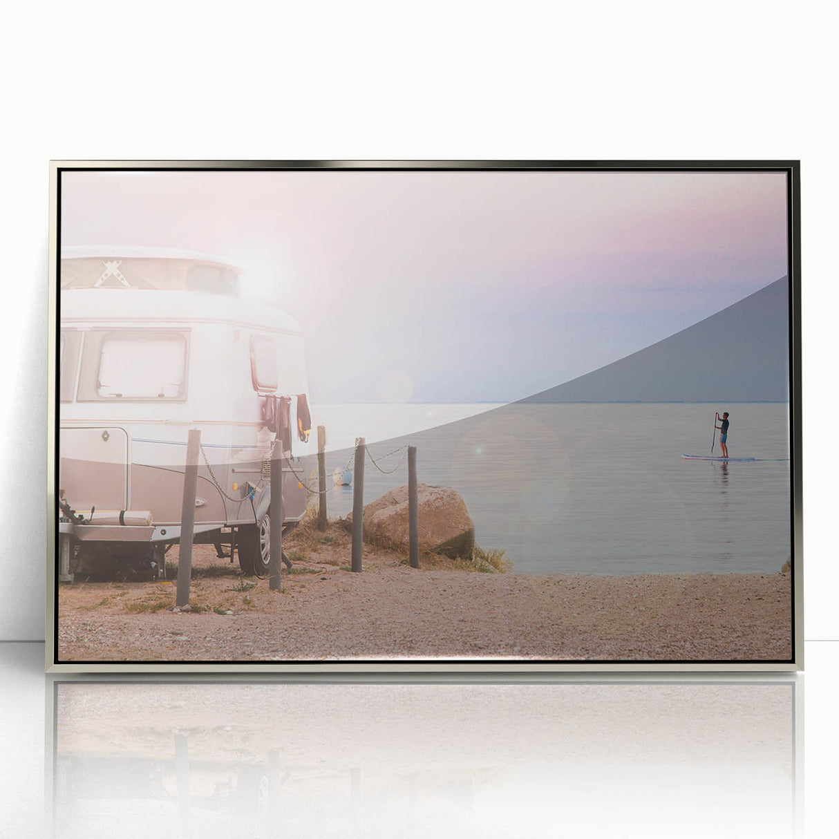 Art deco poster of a vintage caravan in silver and gray tones, acrylic framed, suitable for nursery wall decor.