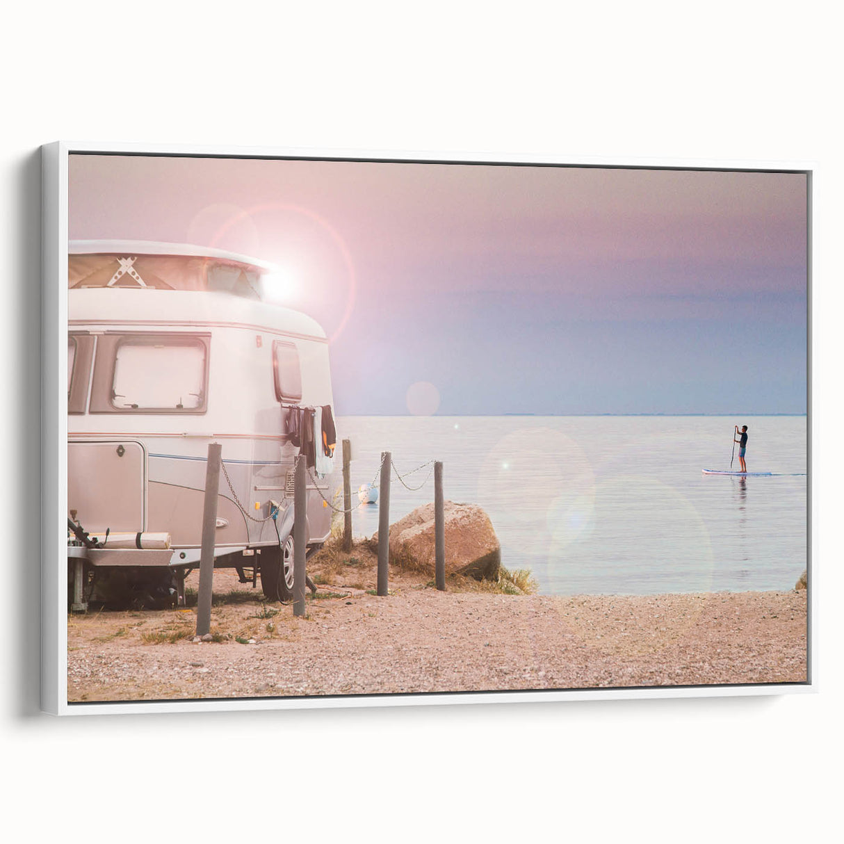 Framed canvas featuring a vintage caravan in a landscape, rendered in black and white tones, suited for bedroom decor.