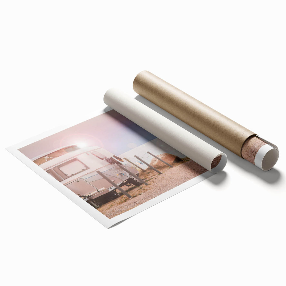 Extra large rolled print of a caravan in muted earth tones, ideal for classy bathroom wall art.