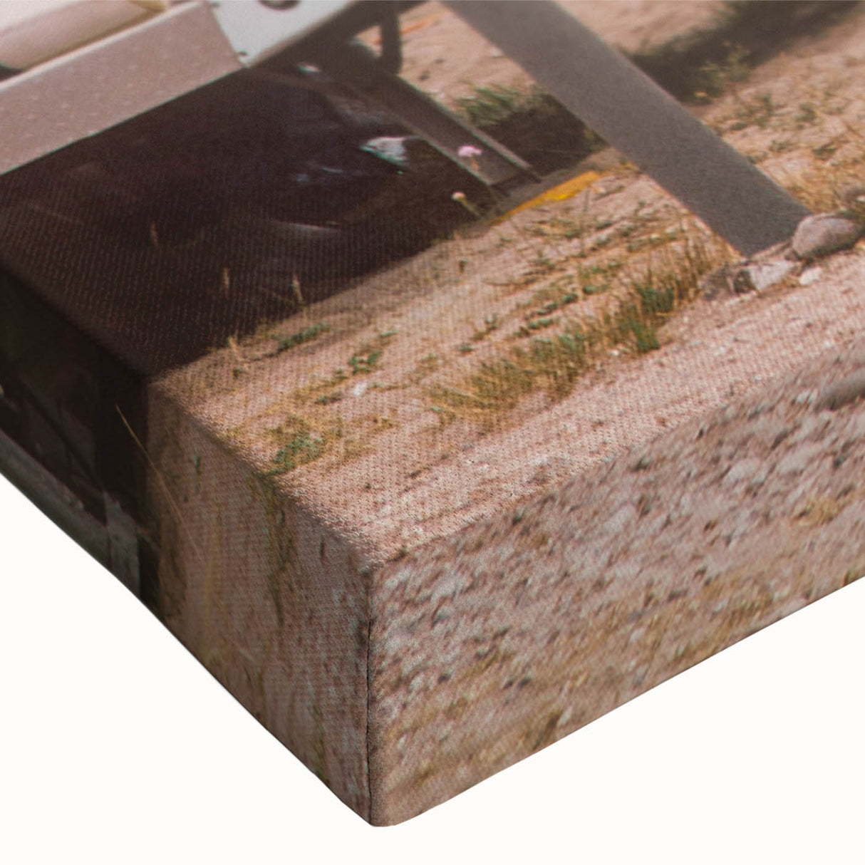 Black and white landscape painting of a caravan on a stretched canvas, suitable for bedroom wall art.