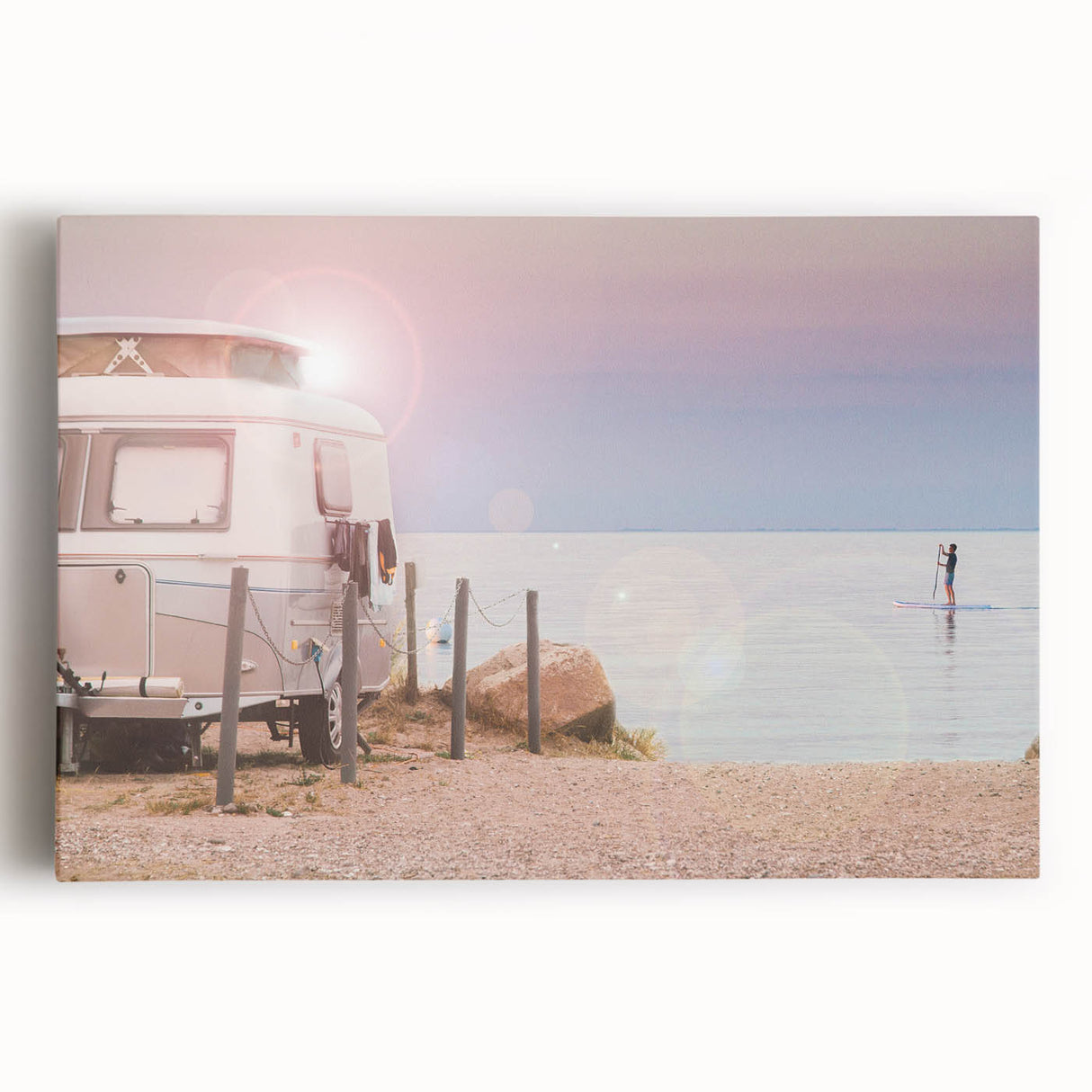 Black and white stretched canvas featuring a vintage caravan, ideal for kitchen wall art.
