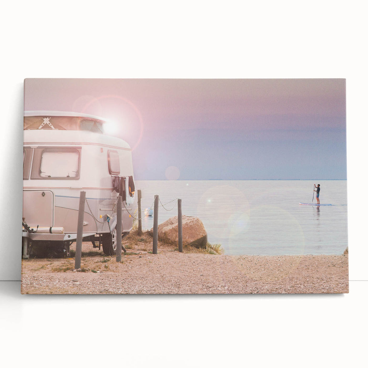 Black and white photo of a caravan on stretched canvas, ideal for kitchen wall art or bedroom decor.
