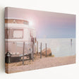 Graphic print of a vintage caravan in muted earth tones on a large stretched canvas, ideal for kitchen wall art.