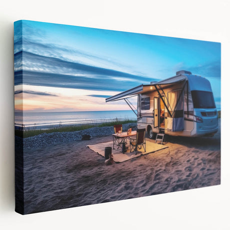 Large art print of a vintage caravan in muted earth tones on stretched canvas, ideal for kitchen wall decor.