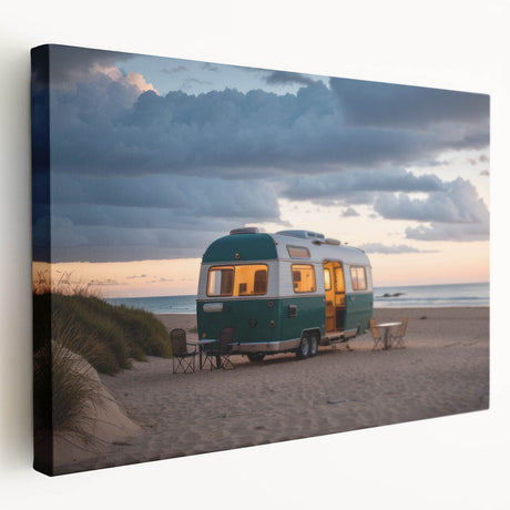 Side view of a vintage caravan on stretched canvas, depicted in muted earth tones, suitable for kitchen wall art.