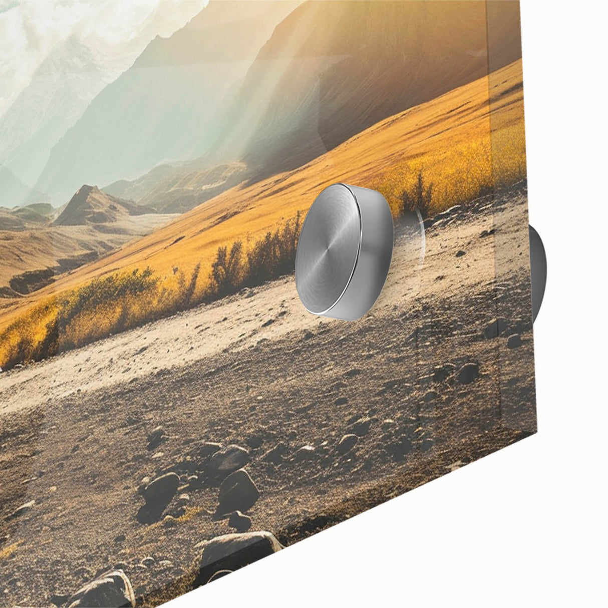 Mid-century modernist caravan artwork in muted earth tones on acrylic glass, suitable for dining room decor.