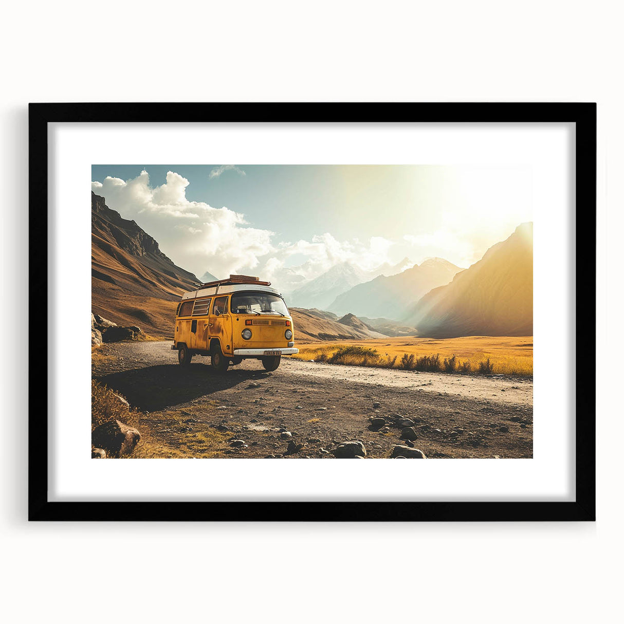 Abstract art print featuring a colorful, textured caravan design on a large canvas, framed in black.