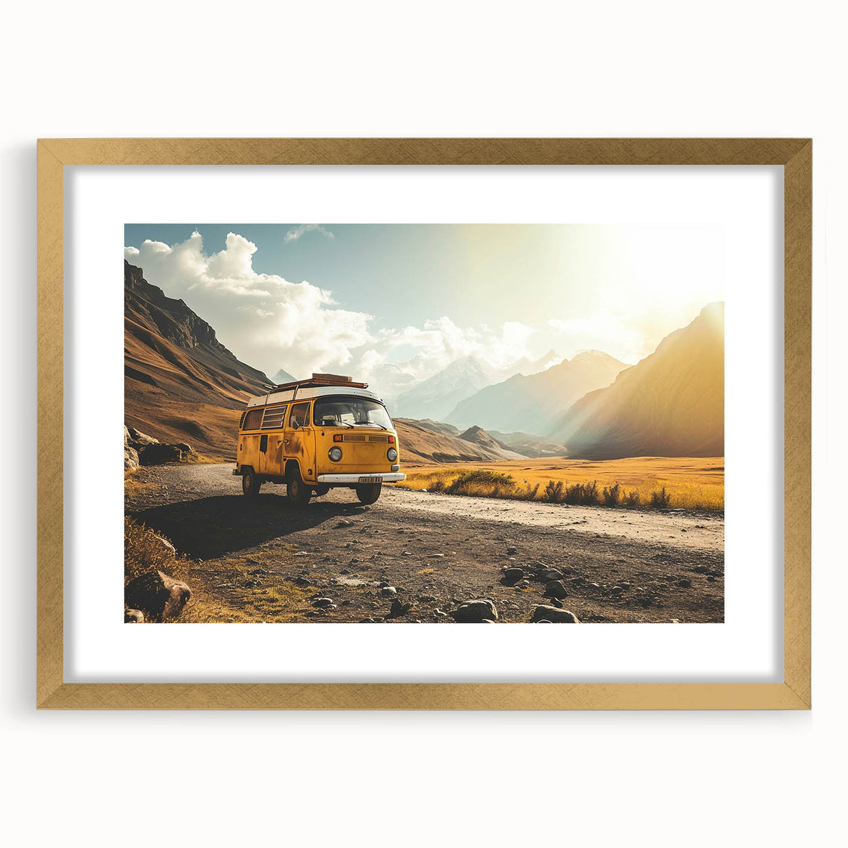 Textured abstract art print of a caravan in muted earth tones on a gold-framed mat, suitable for bedroom decor.
