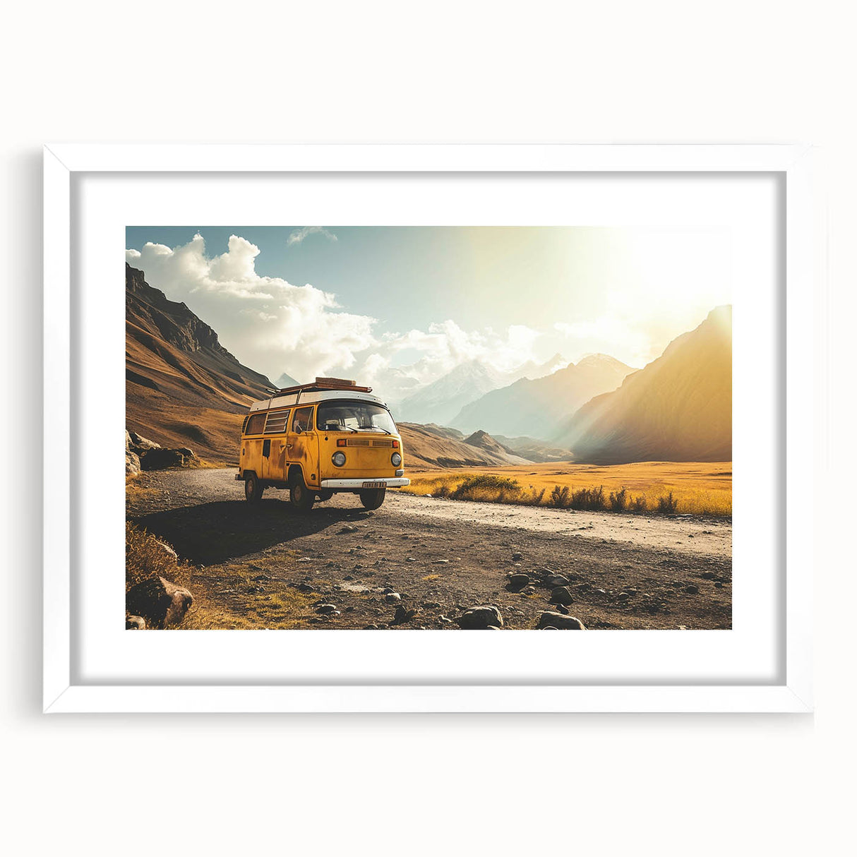 Extra large abstract art print of a caravan, featuring textured details in neutral tones, framed with white mat.