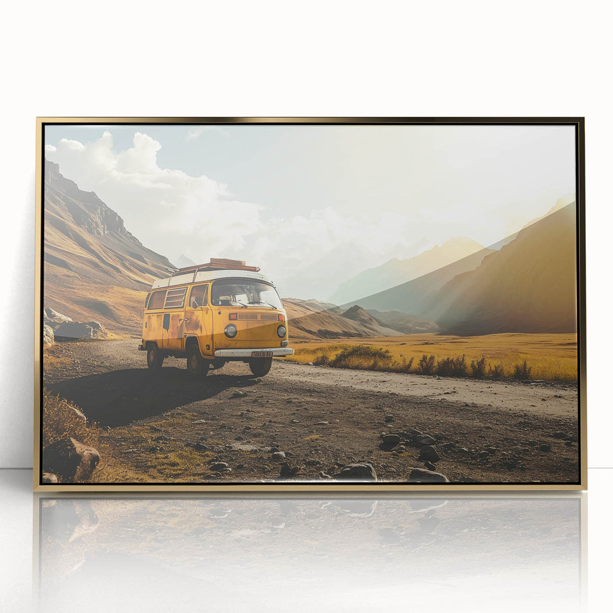 Mid-century modernist art of a caravan in muted earth tones on a framed acrylic, ideal for nursery wall decor.