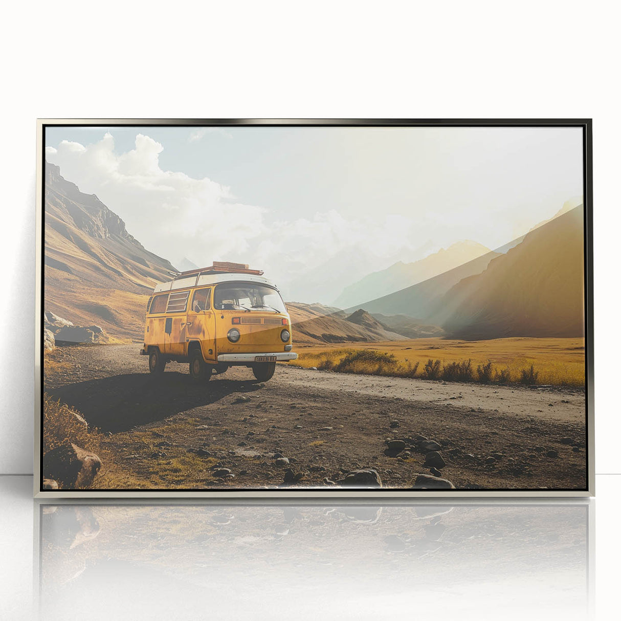 Art deco poster of a vintage caravan in muted pastel shades, silver framed acrylic, ideal for nursery wall art.