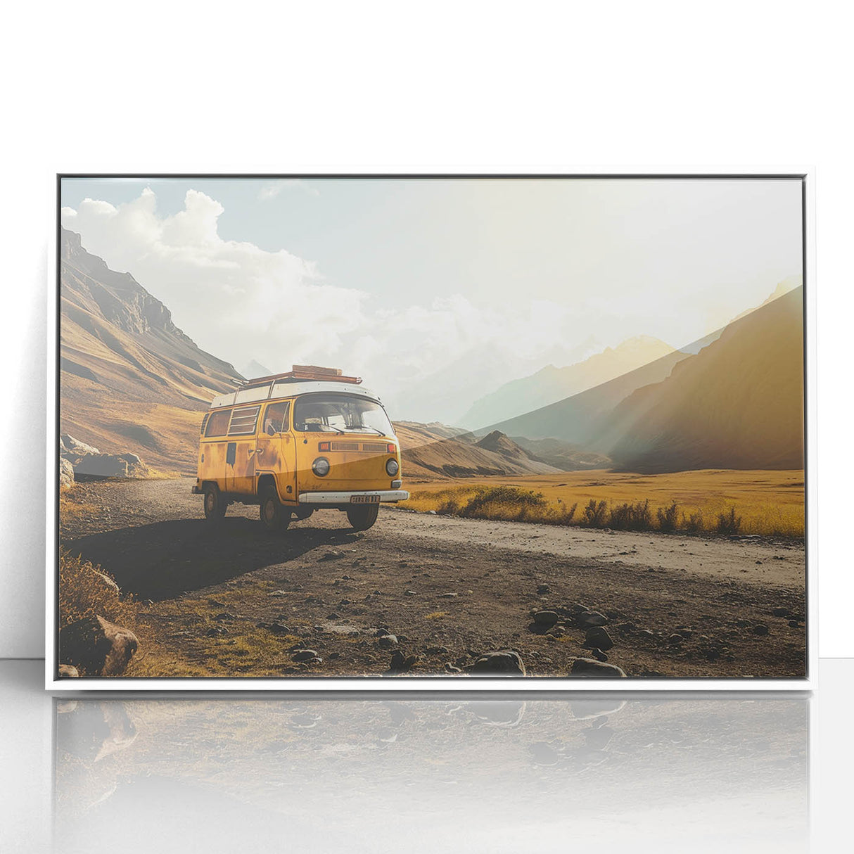 Mid-century modernist style caravan depicted in neutral tones on a white acrylic framed print, suitable for nursery wall art.