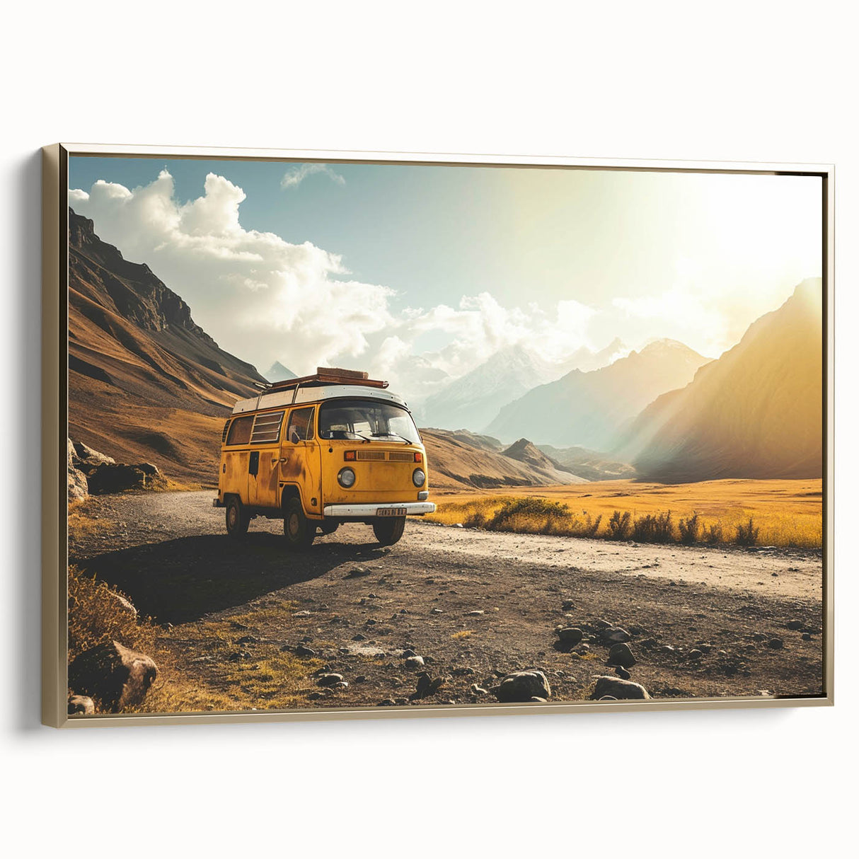 Framed canvas featuring a vintage caravan in a colorful landscape, ideal for living room decor.