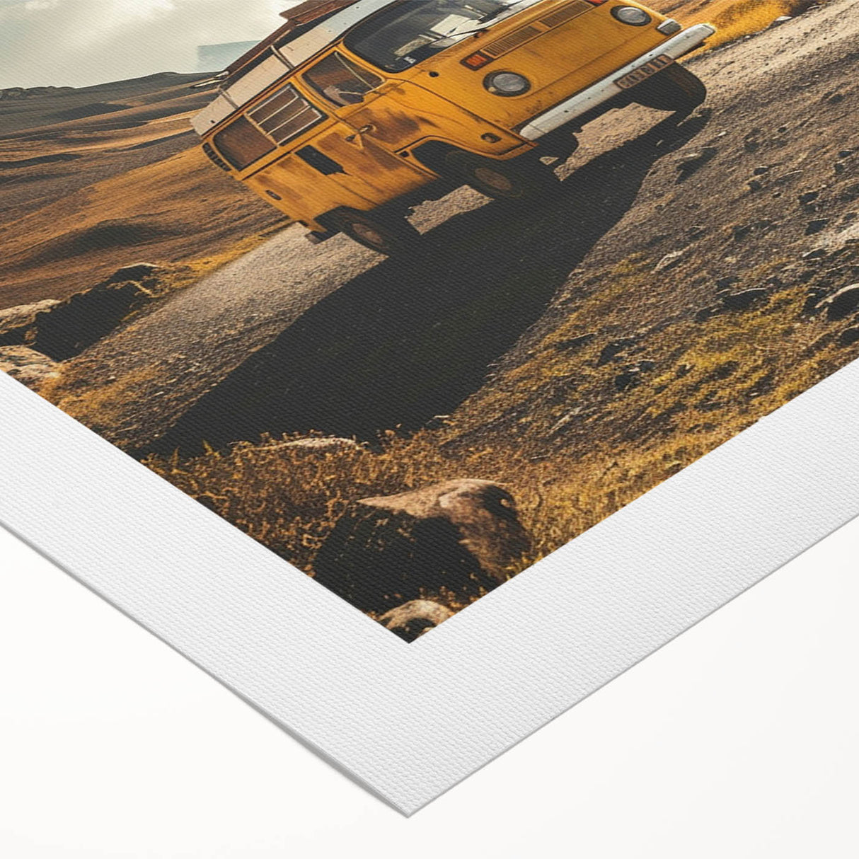 Art deco poster of a vintage caravan in muted pastel shades on rolled canvas, suitable for dining room decor.