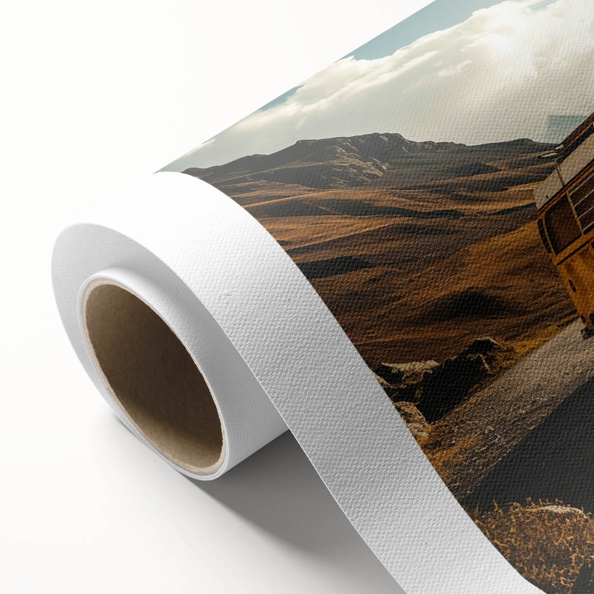 Art deco style caravan illustration in pastel shades on rolled canvas, ideal for nursery wall art.